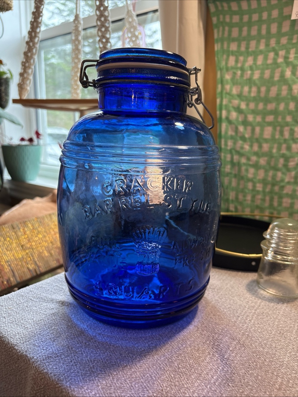 Vintage Cracker Barrel Cobalt Blue Glass Jar with Clamp Lid.4 quart capacity